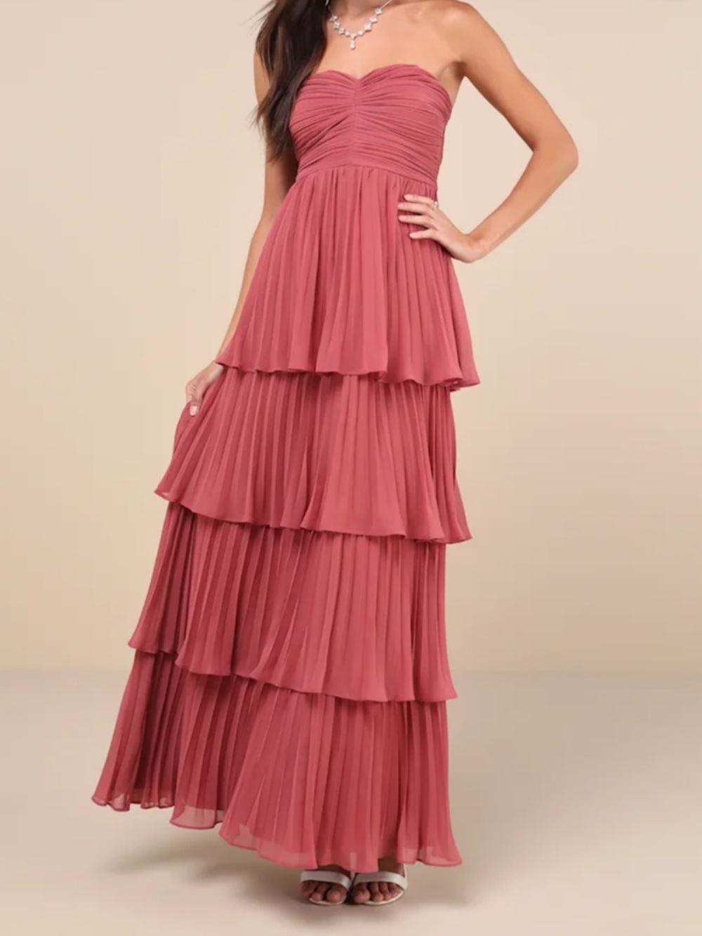 Lulu's Strapless Dusty Rose Tiered Floor Length Pleated Dress